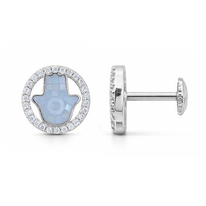 Silver cufflinks with a blue gemstone and hamsa design on a white background