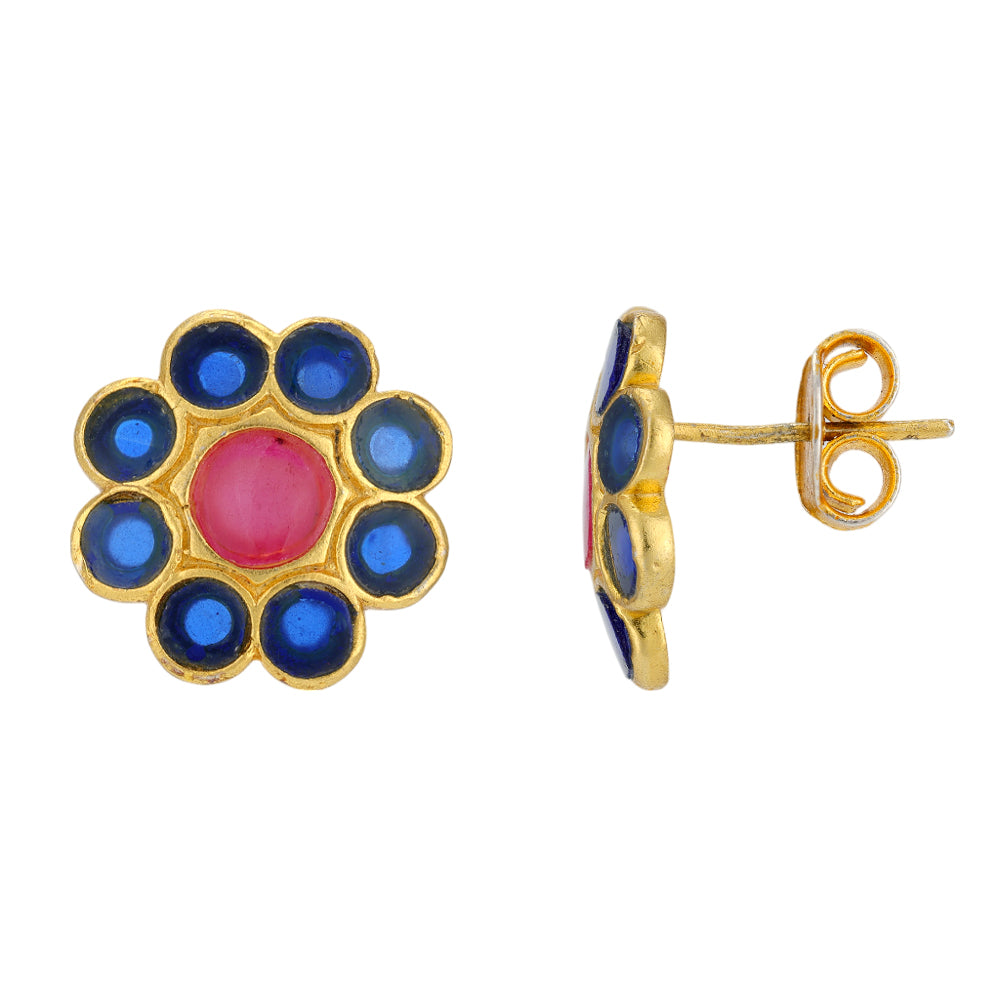 Blue Petals 925 Gold Plated Red Centered Earrings