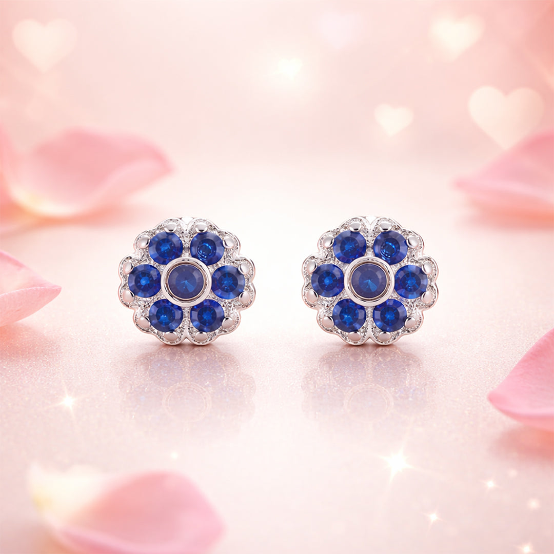 Blue Stone Floral Pattern 925 Sterling Silver Stud for Women