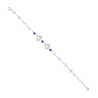 Silver bracelet with heart-shaped charms on a white background