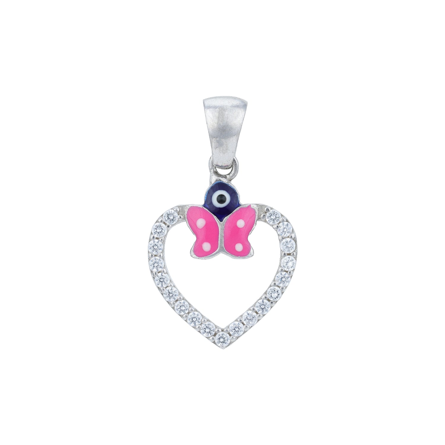 Heart-shaped pendant with a pink butterfly and blue eye on a white background