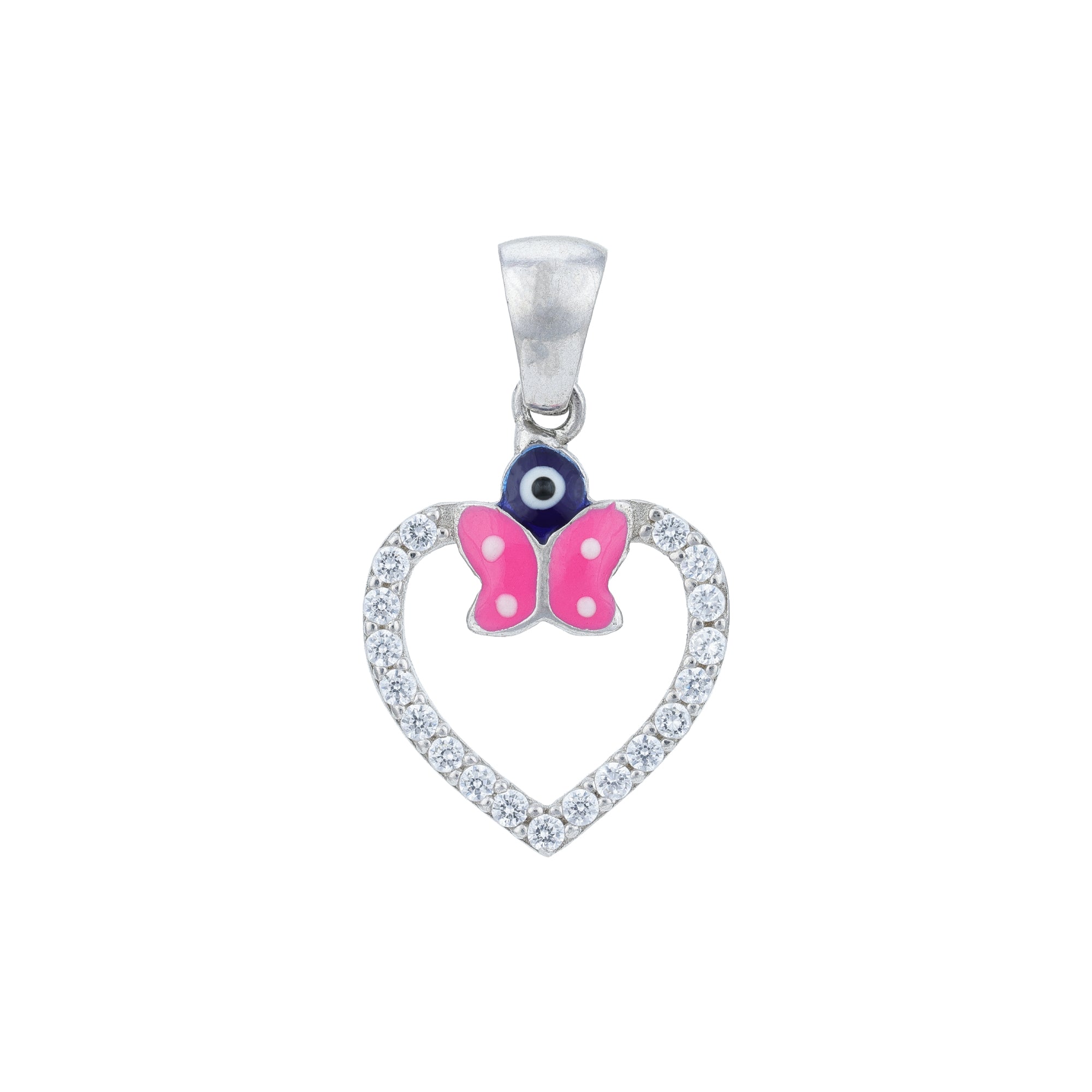 Heart-shaped pendant with a pink butterfly and blue eye on a white background