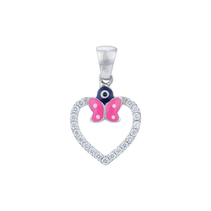 Heart-shaped pendant with a pink butterfly and blue eye on a white background