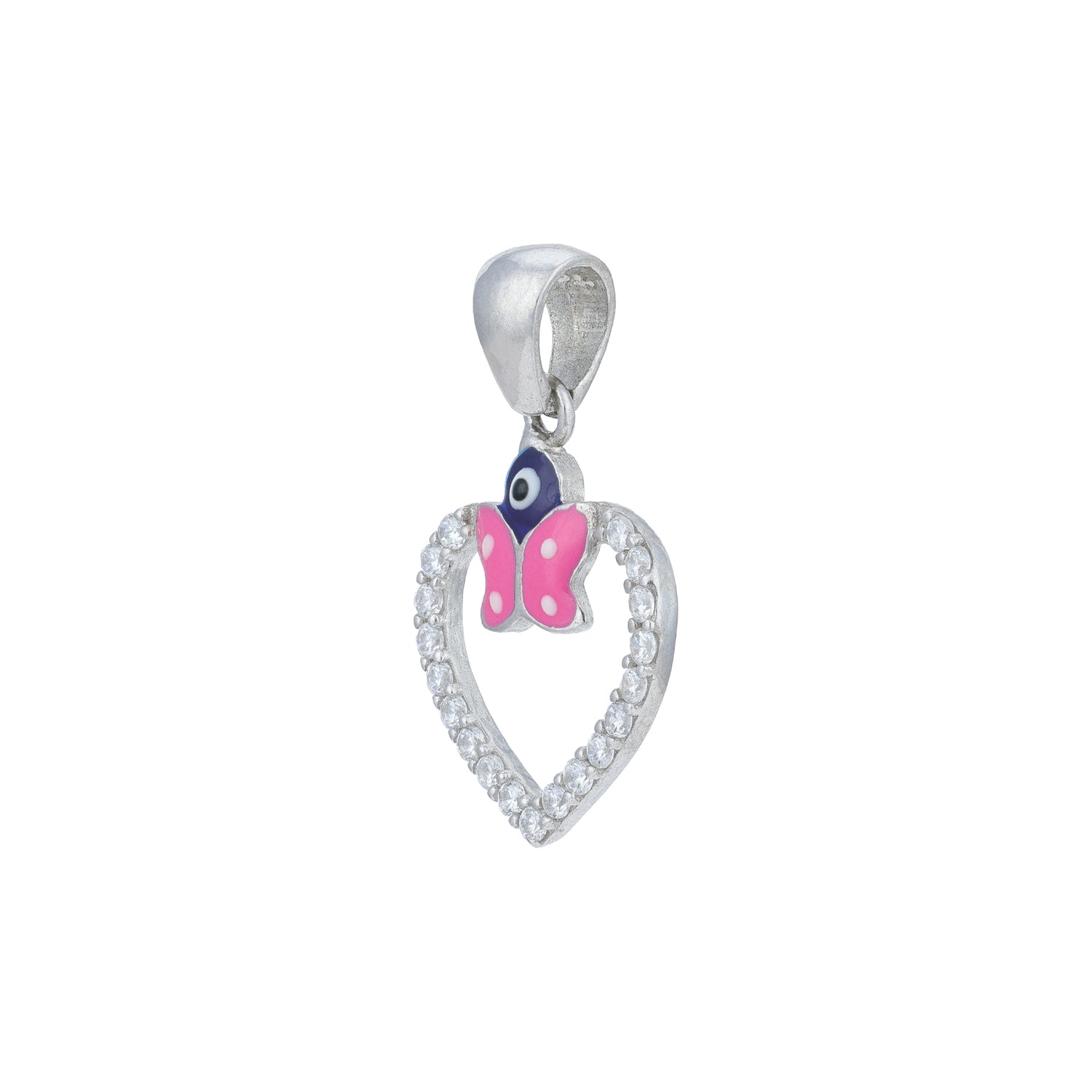 Silver pendant with a pink butterfly design on a white background
