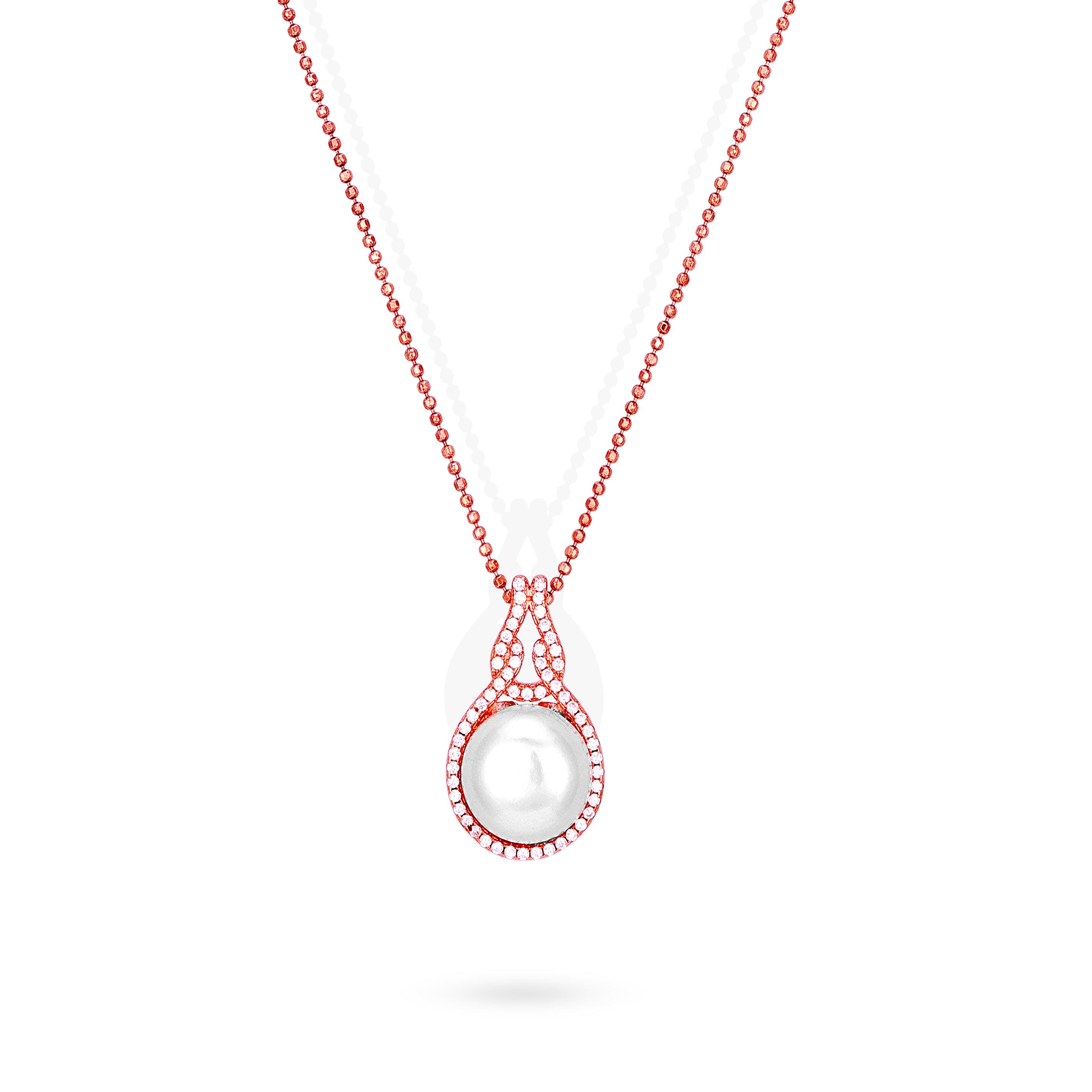 Necklace with a red chain and white pendant on a white background