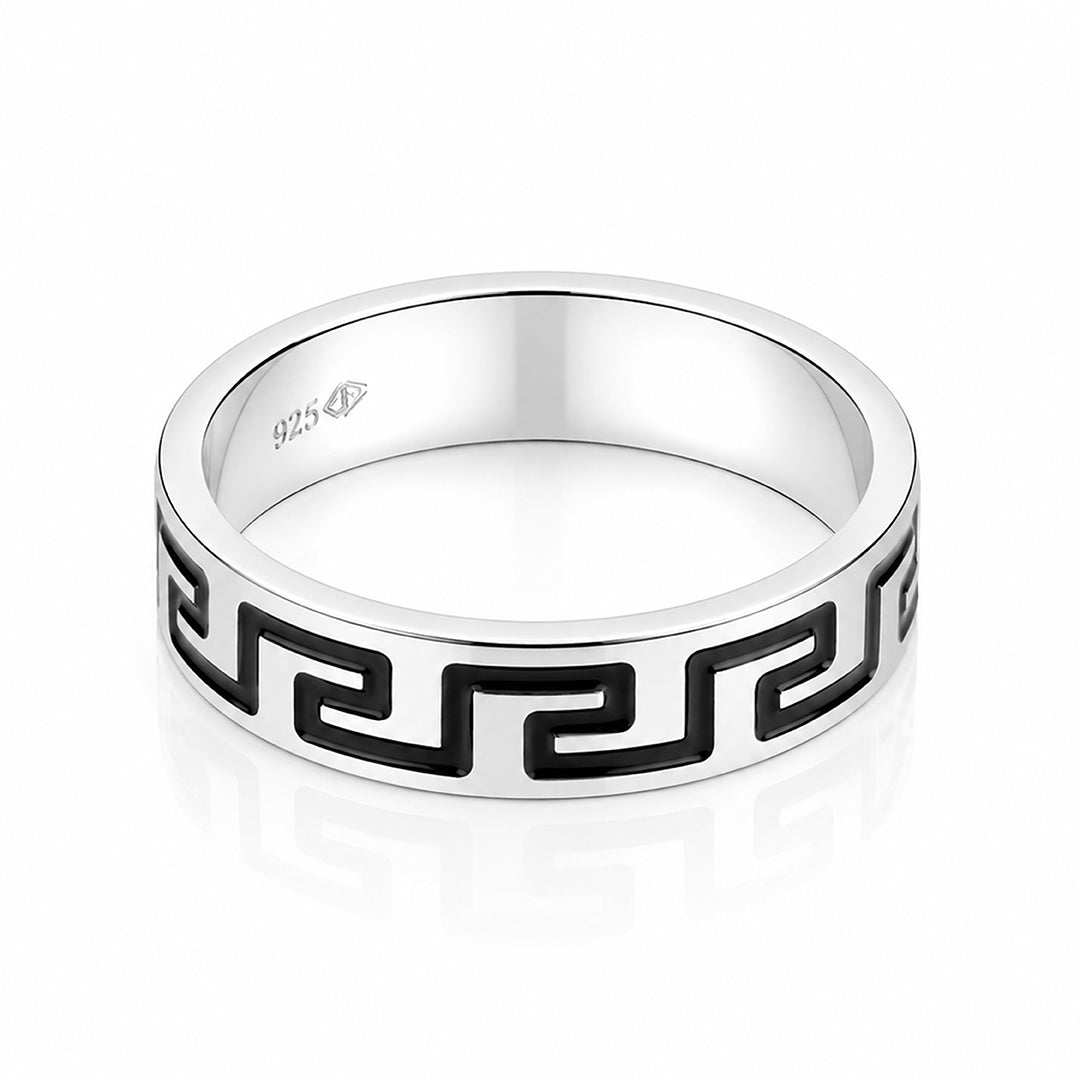 Bold Oxidized Meander Band 925 Sterling Silver Ring for Men