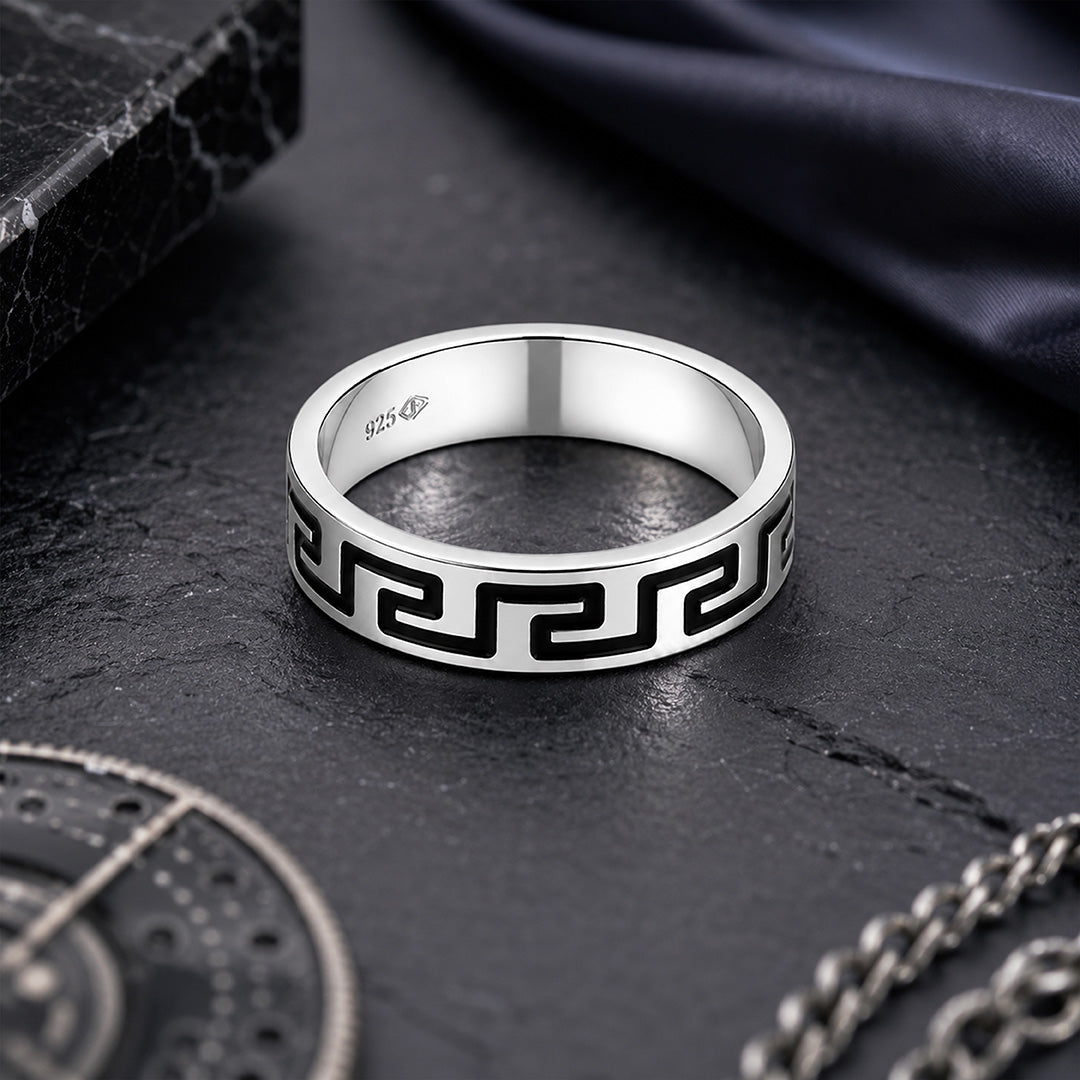 Bold Oxidized Meander Band 925 Sterling Silver Ring for Men