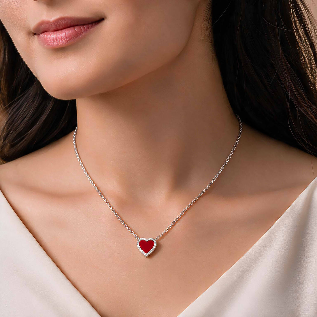 Bold Red Heart  925 Rhodium Plated Classic Cuban Chain Pendant
