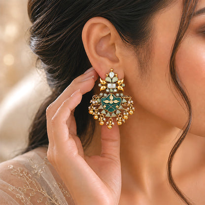 Bridal Temple Green Golden Drop 925 Sterling Silver Earring