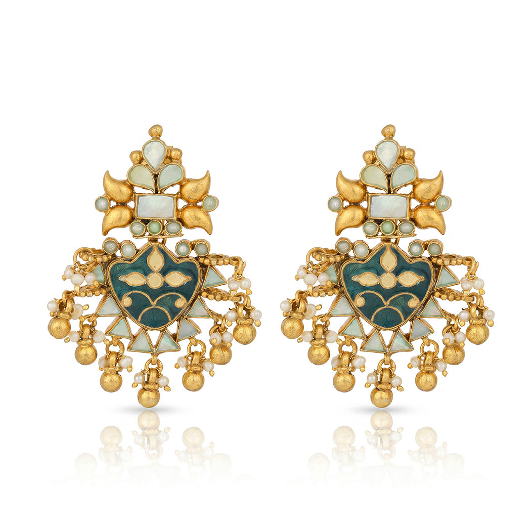 Bridal Temple Green Golden Drop 925 Sterling Silver Earring