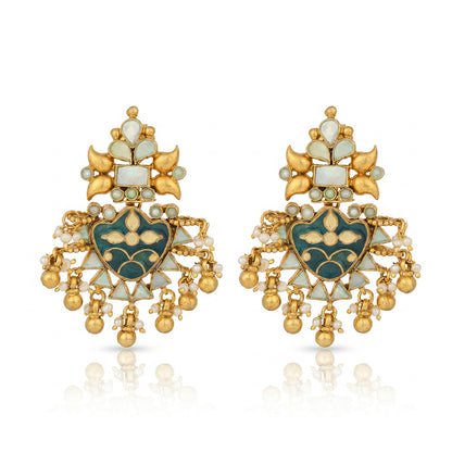 Bridal Temple Green Golden Drop 925 Sterling Silver Earring