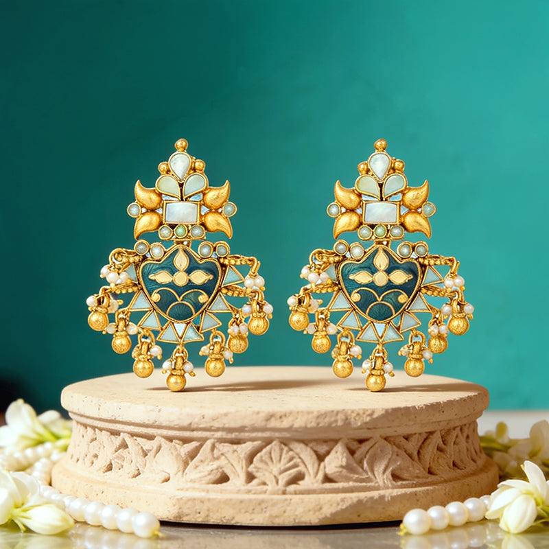 Bridal Temple Green Golden Drop 925 Sterling Silver Earring
