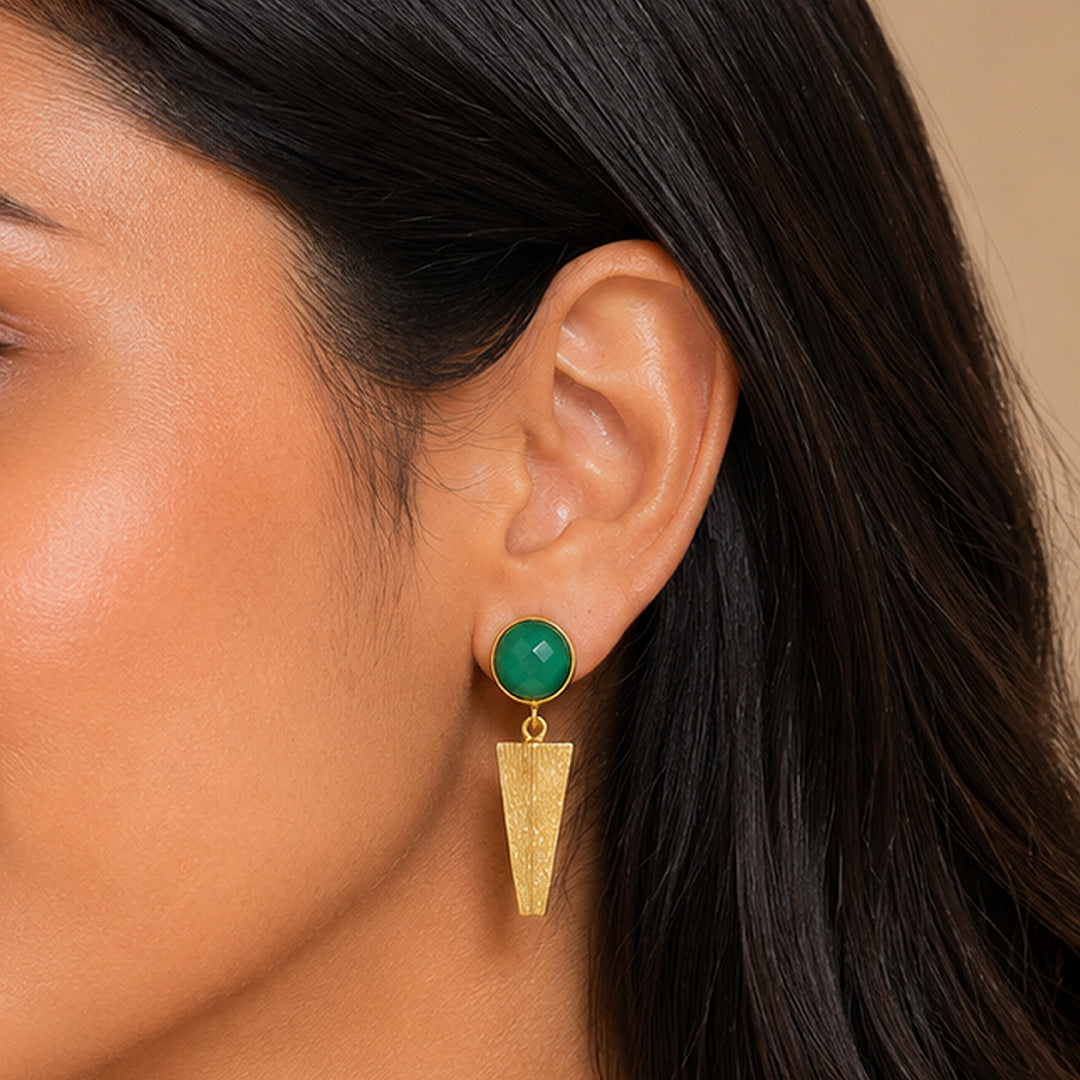 Brushed Gold Geometric Green Spike Earrings