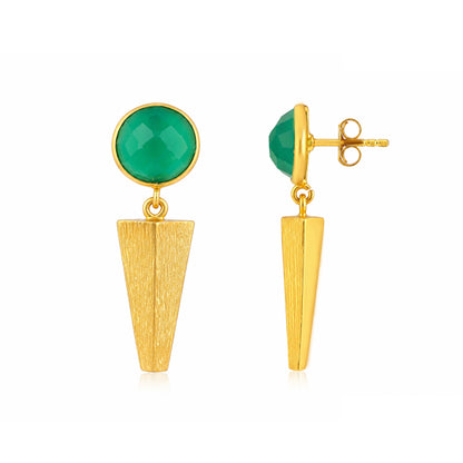 Brushed Gold Geometric Green Spike Earrings