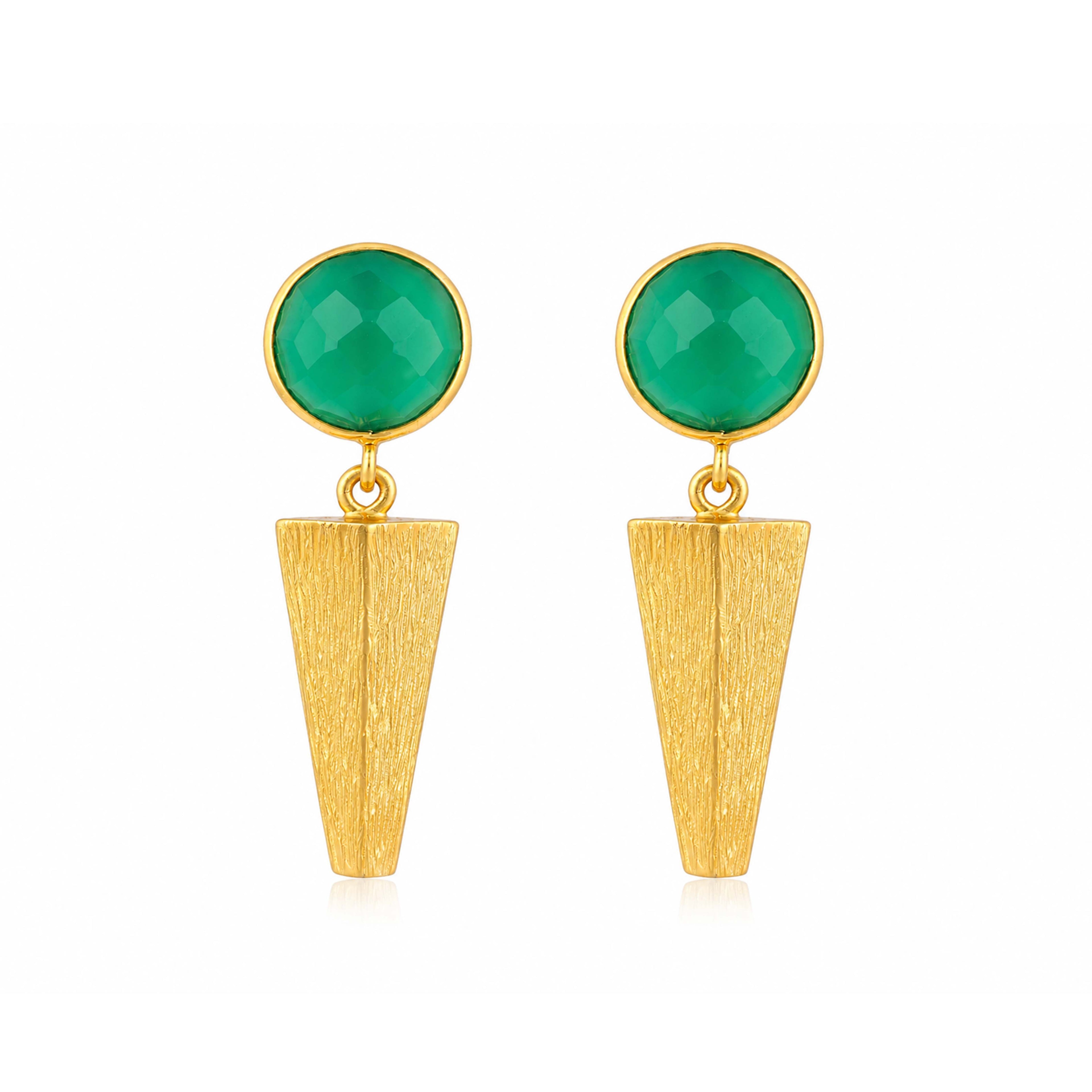 Brushed Gold Geometric Green Spike Earrings