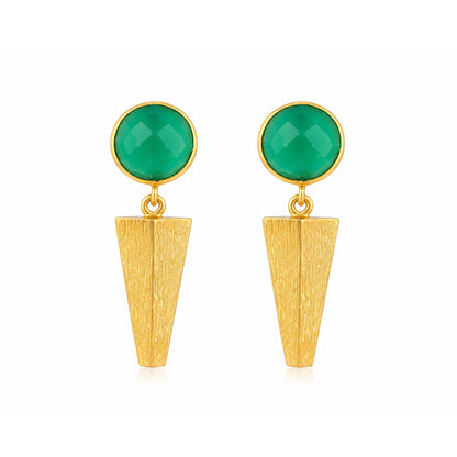 Brushed Gold Geometric Green Spike Earrings