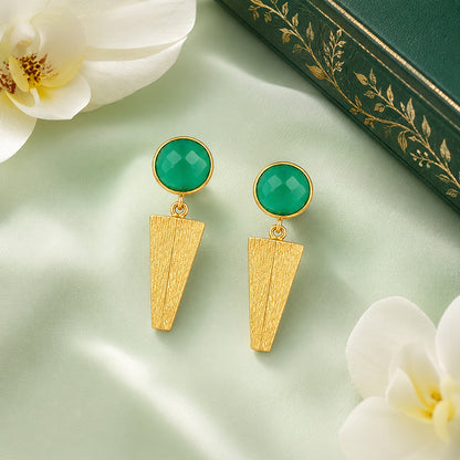 Brushed Gold Geometric Green Spike Earrings