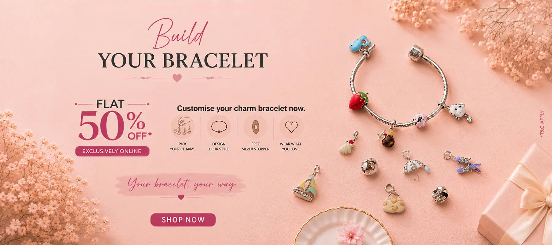 Bracelet customization offer with charms on a pink background