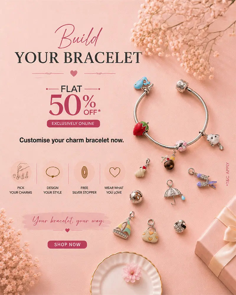 Bracelet with various charms on a pink background with promotional text.