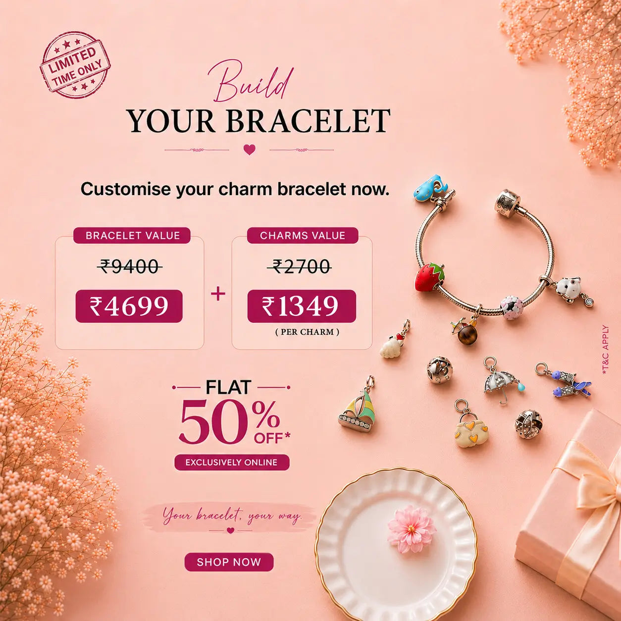 Promotional graphic for building a charm bracelet with customizable options and discounts on a pink background.