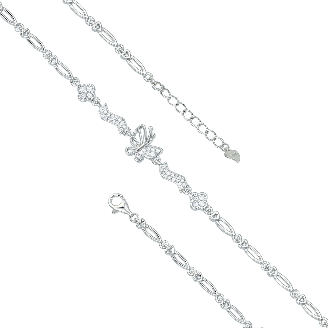 Silver bracelet with butterfly and flower designs on a white background