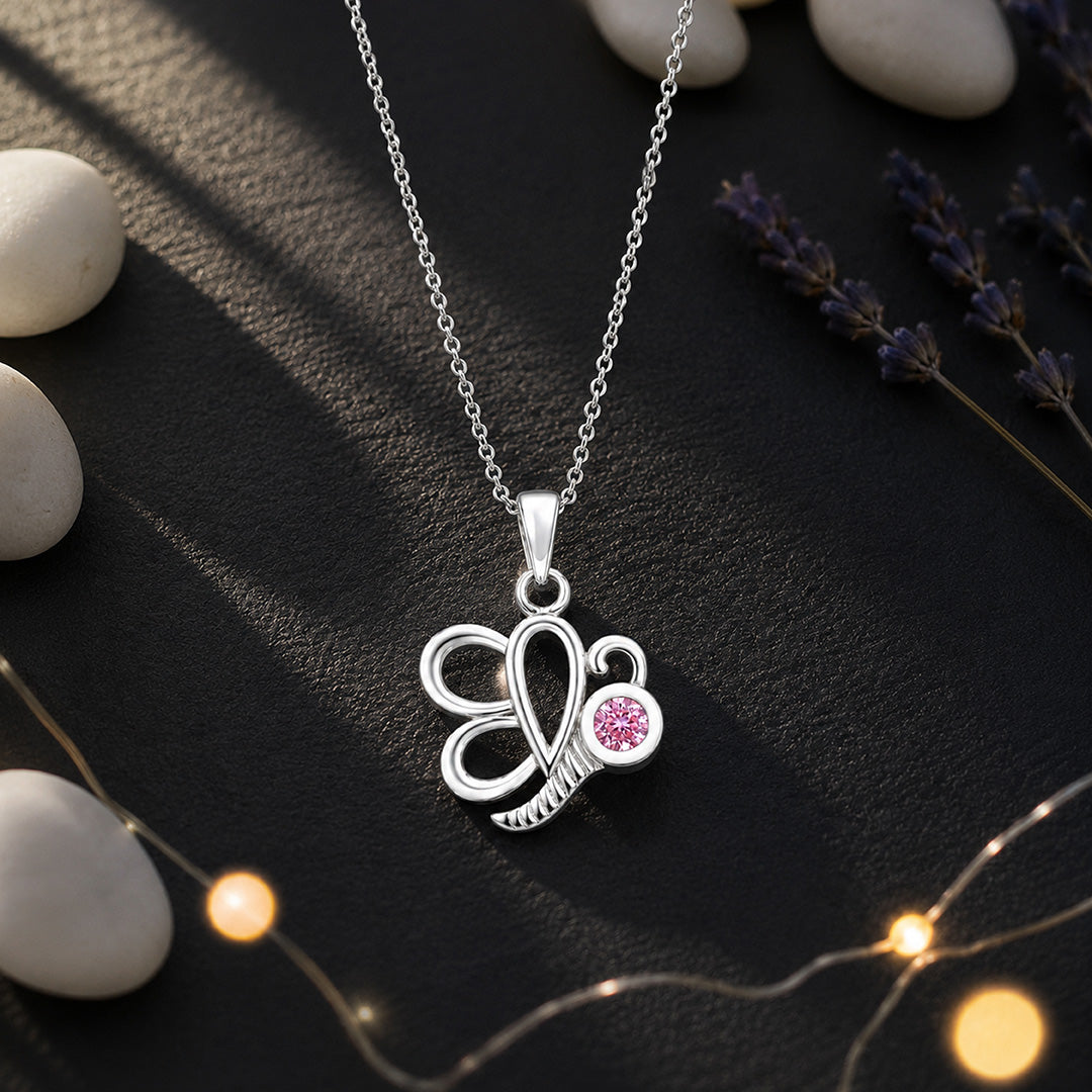 Butterfly Grace 925 Sterling Silver Pink Stone Pendant