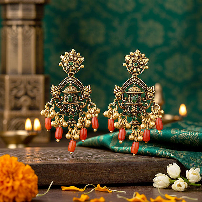 Antique Temple Arch Coral Drop 925 Sterling Silver Gold Plated Earrings for Women