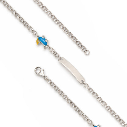 Silver chain bracelet with a blue accent on a white background
