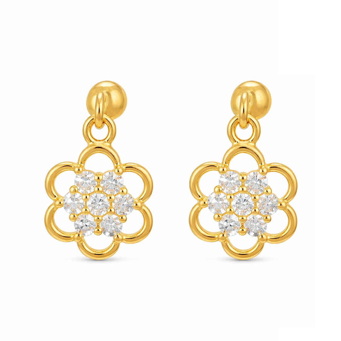 Gold earrings with floral design and clear stones on a white background