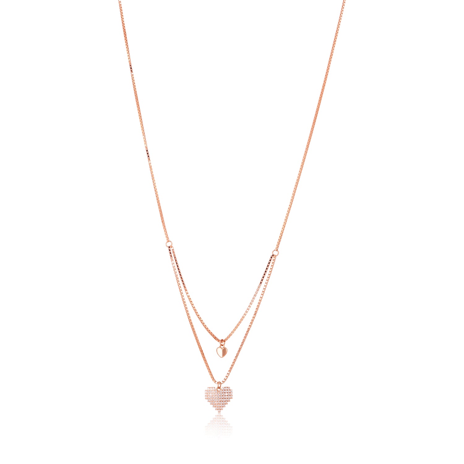 Rose gold necklace with heart pendant on a white background