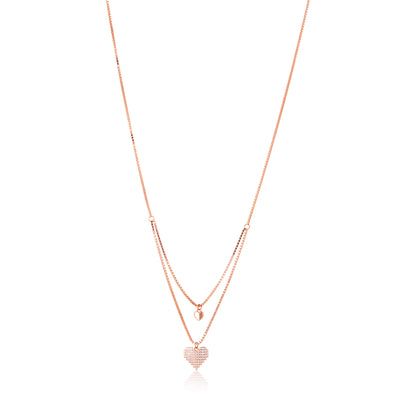 Rose gold necklace with heart pendant on a white background