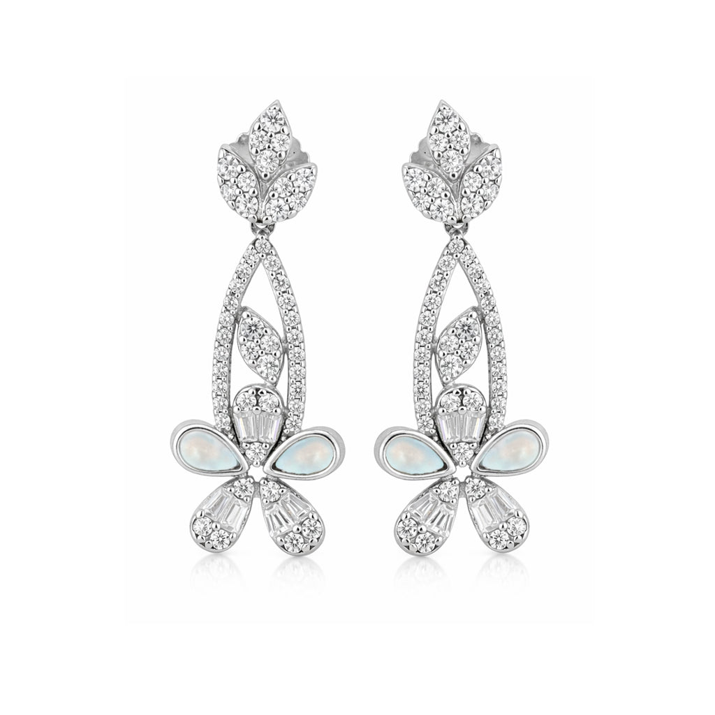 Pair of silver earrings with opal stones on a white background