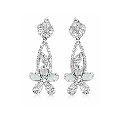 Pair of silver earrings with opal stones on a white background