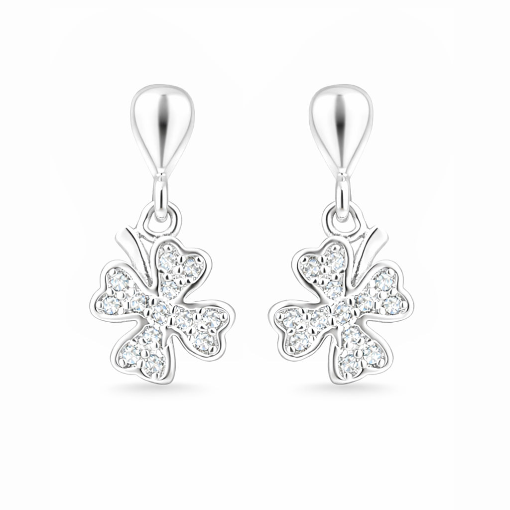 Silver four-leaf clover earrings on a white background