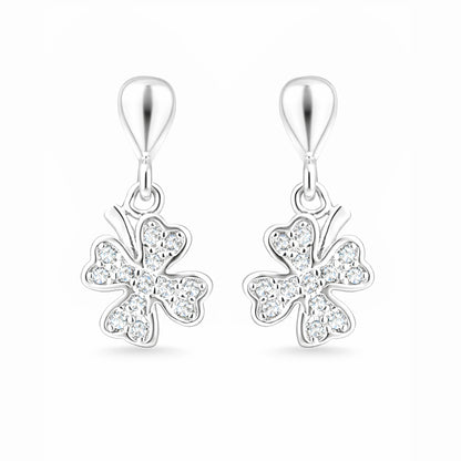 Silver four-leaf clover earrings on a white background
