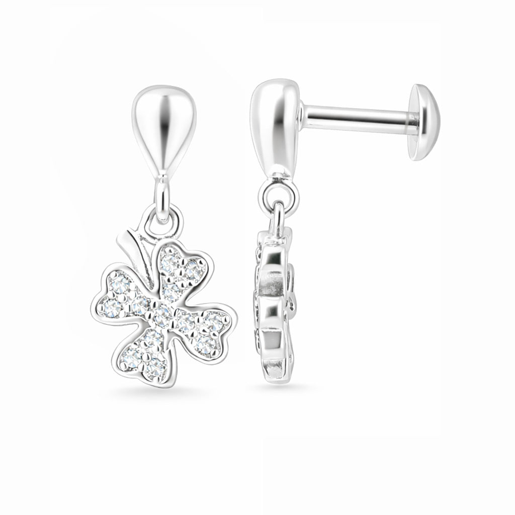 Silver earrings with clover-shaped pendants on a white background