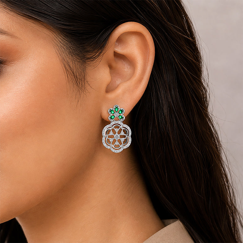Emerald Green Floral Halo Drop Silver Earring