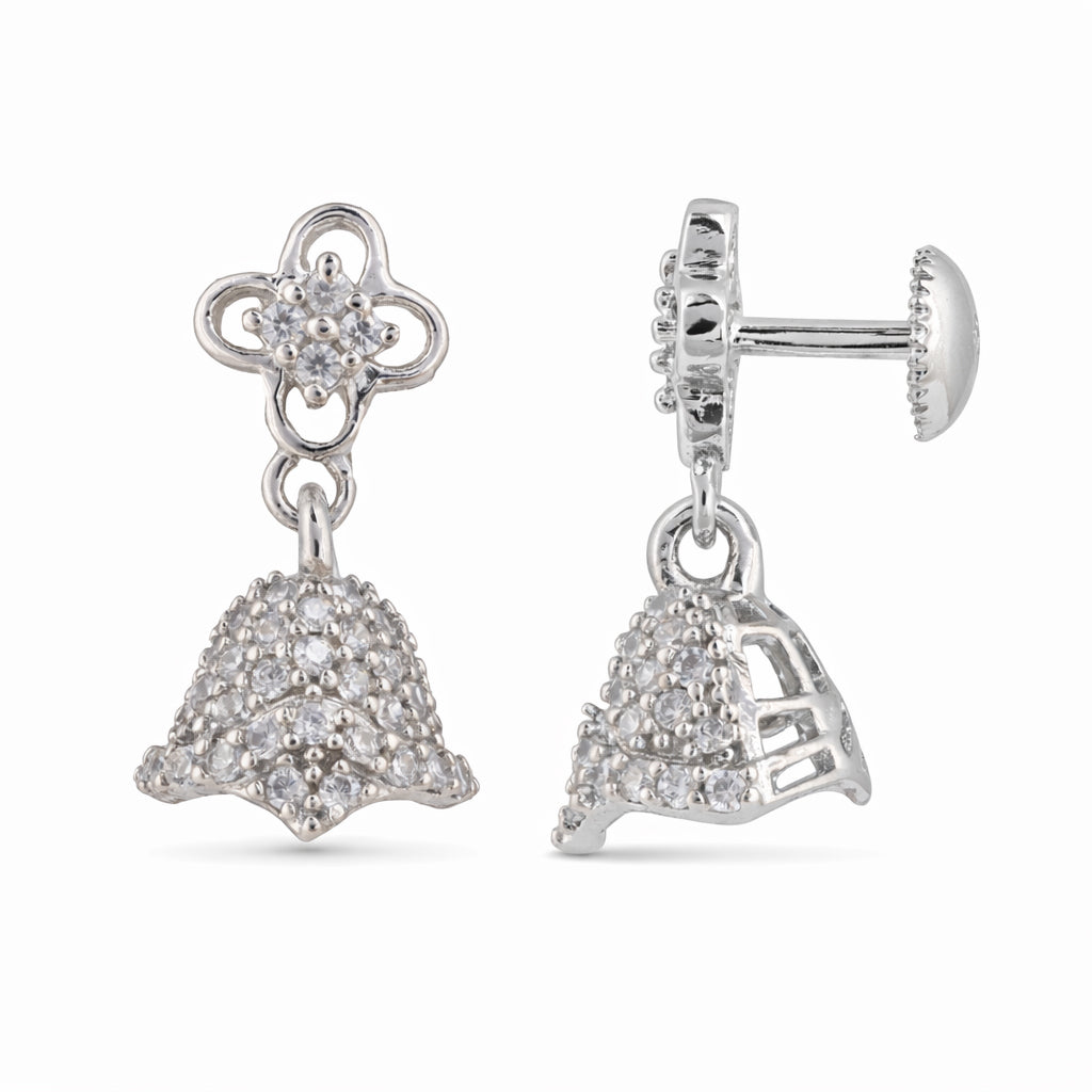 Silver earrings with intricate designs on a white background
