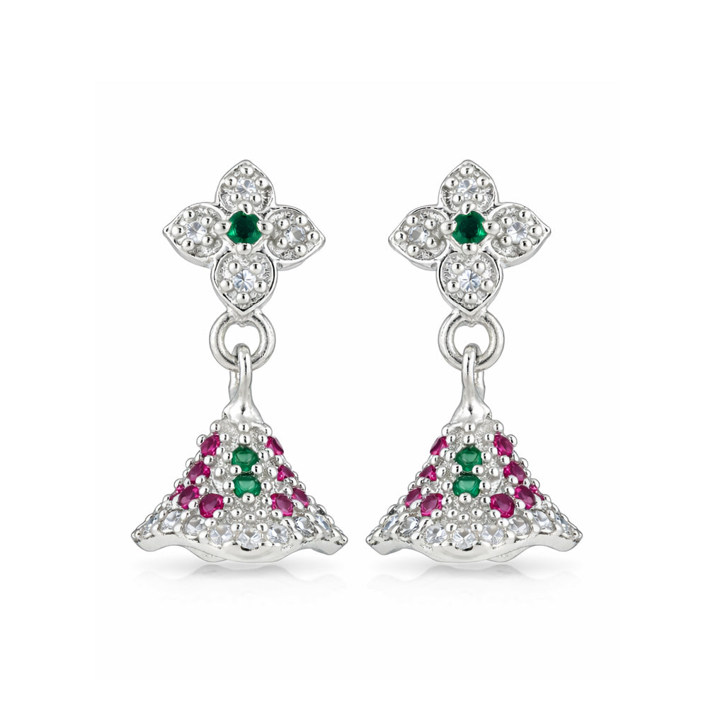 Pair of silver earrings with gemstones on a white background