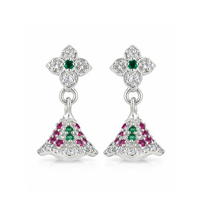 Pair of silver earrings with gemstones on a white background