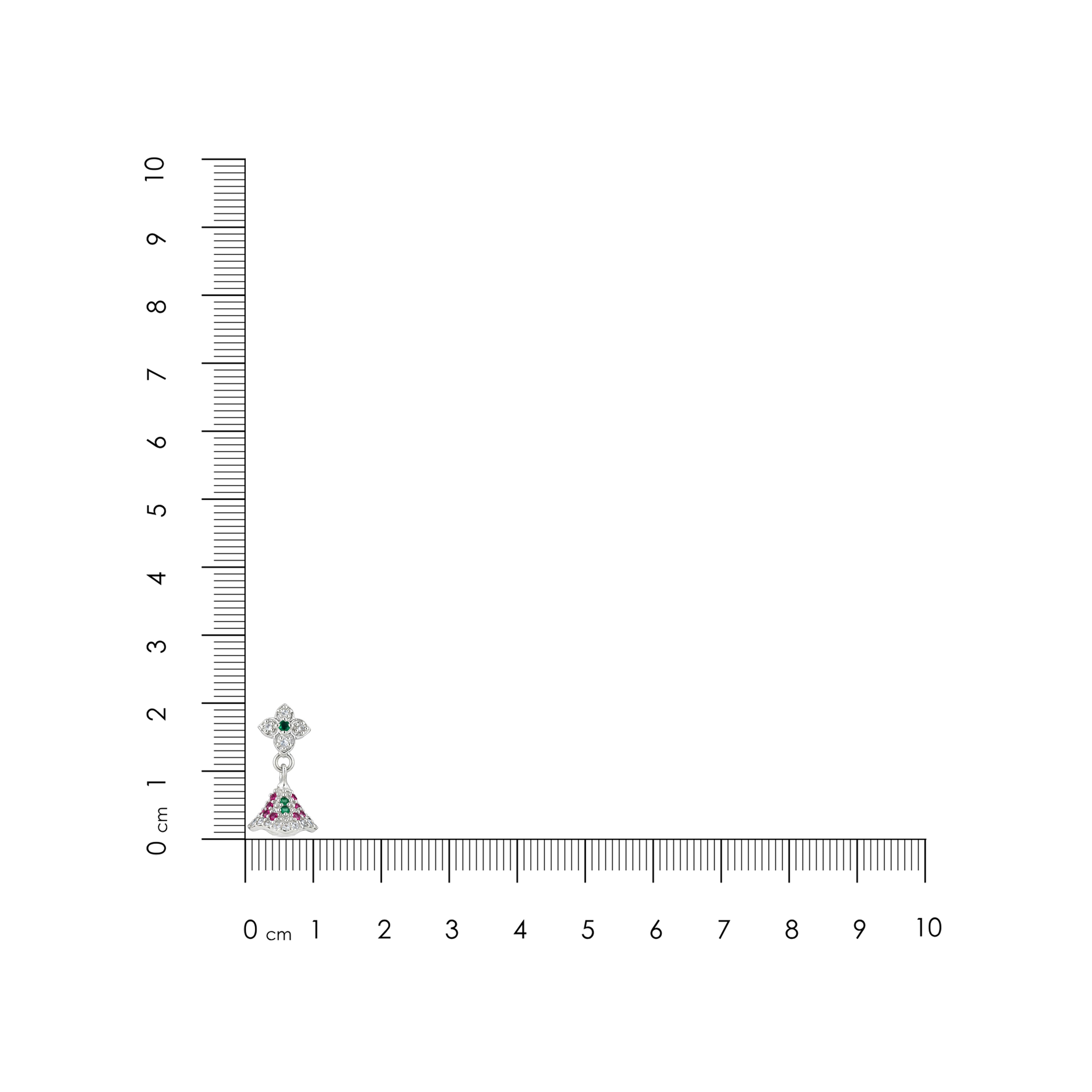 Daisy-shaped earring with gemstones next to a ruler for scale on a white background