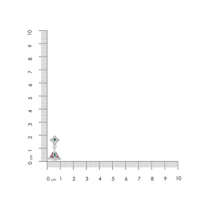 Daisy-shaped earring with gemstones next to a ruler for scale on a white background