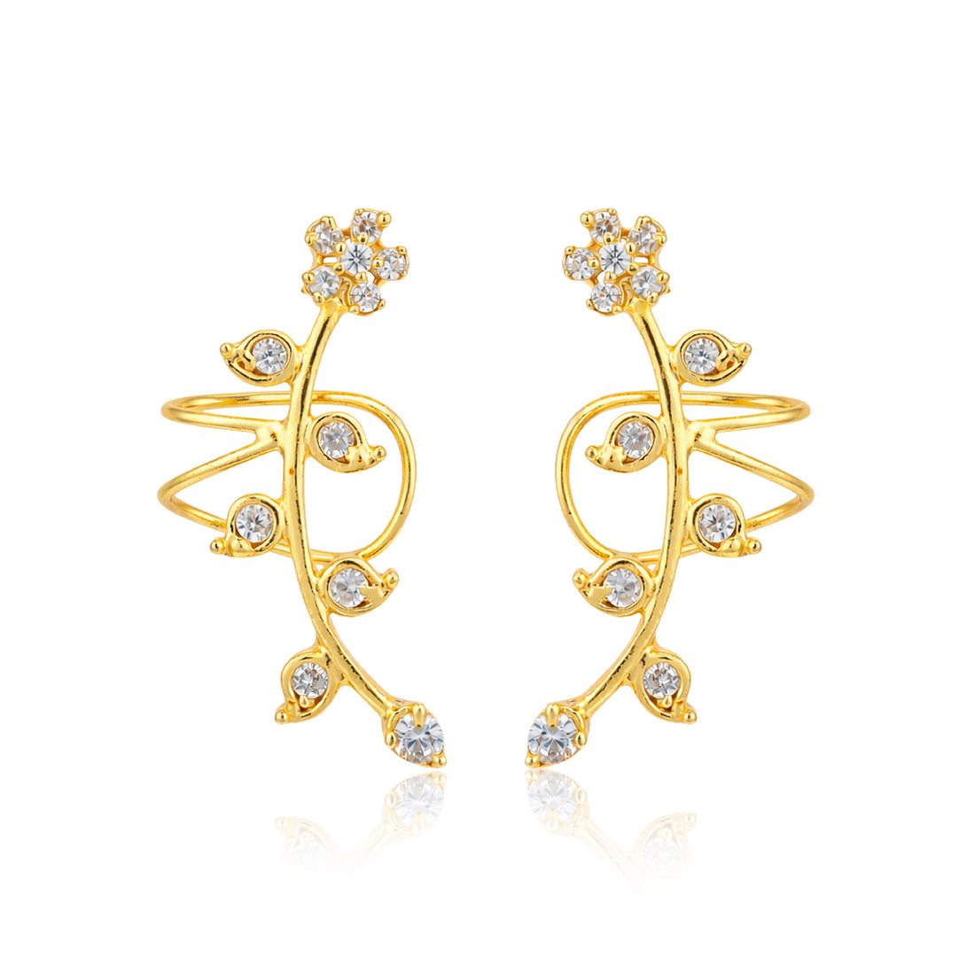 Gold earrings with diamond-like stones on a white background