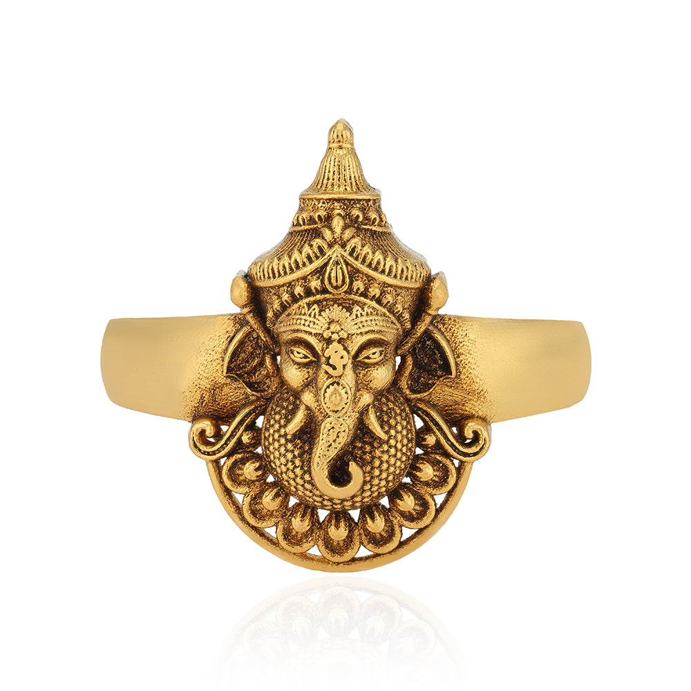 Golden Divine Ganesha Temple Statement 925 Sterling Silver Ring for Women