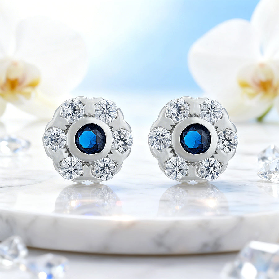 Graceful White Blue Accent Floral 925 Sterling Silver Stud for Women