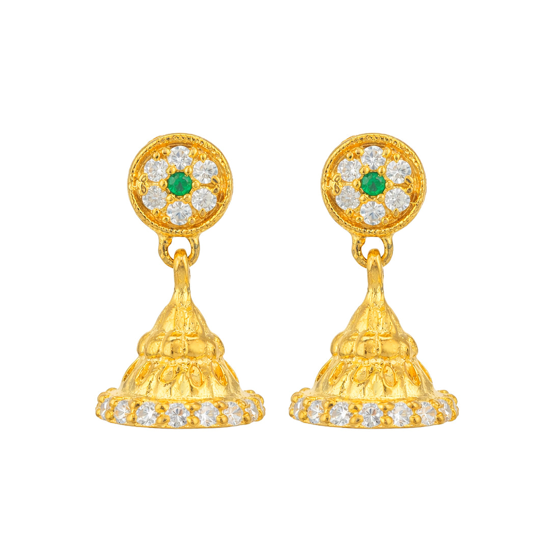 Gold earrings with green and clear gemstones on a white background