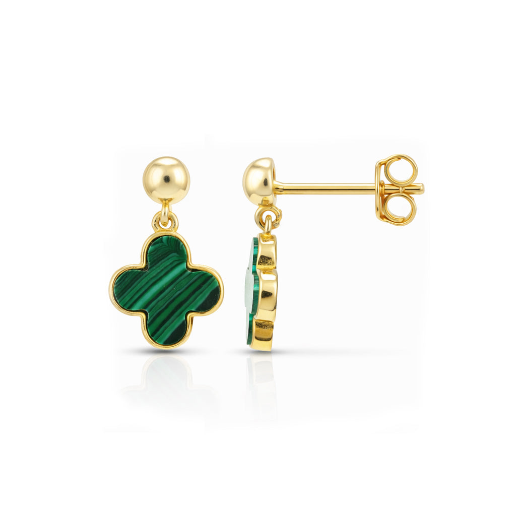 Gold earrings with green clover-shaped stones on a white background