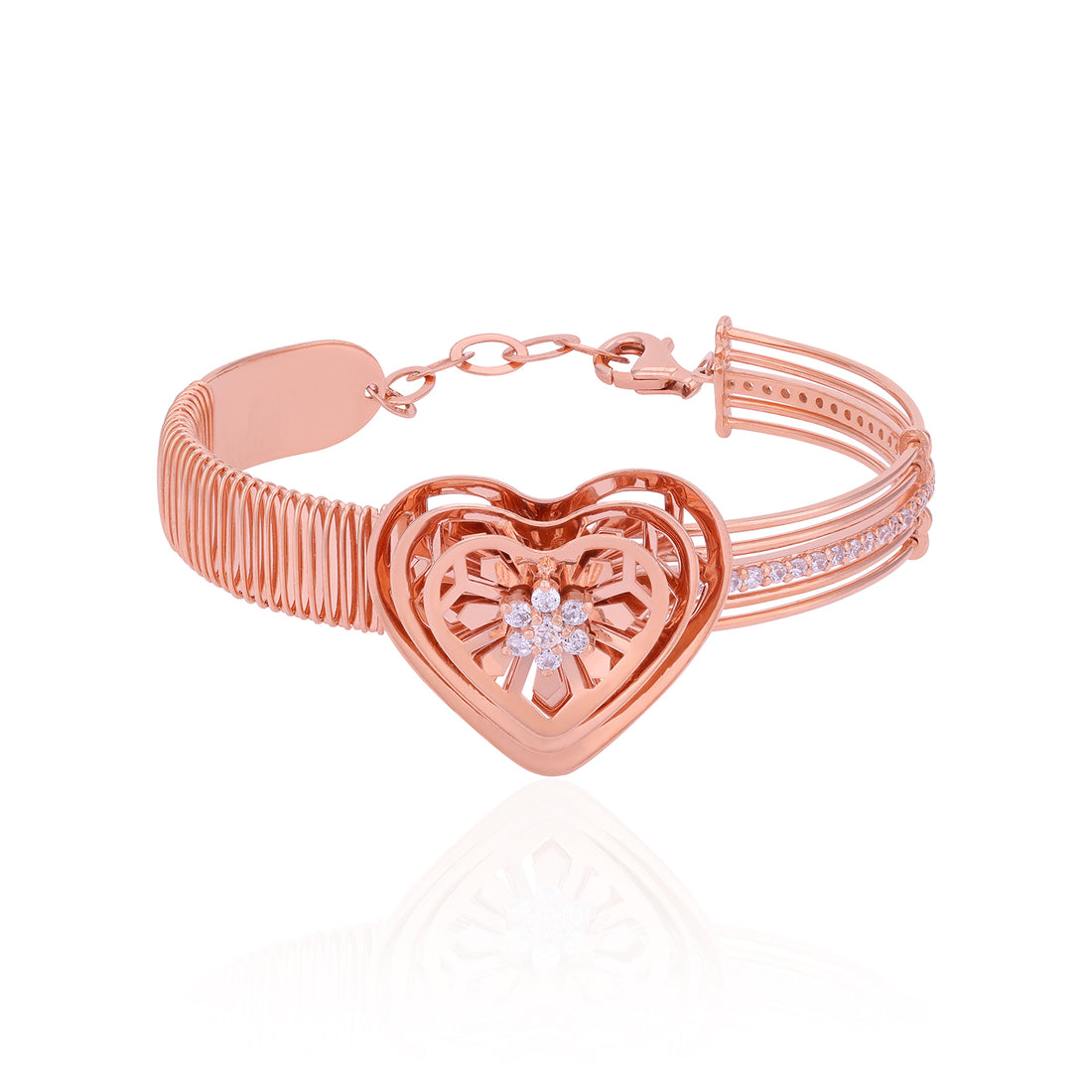 925 Sterling Silver Rosegold Heart Floral Cluster Kada For Women