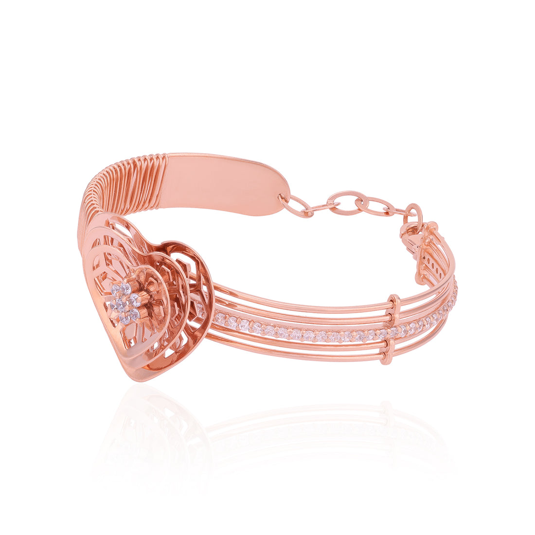 925 Sterling Silver Rosegold Heart Floral Cluster Kada For Women
