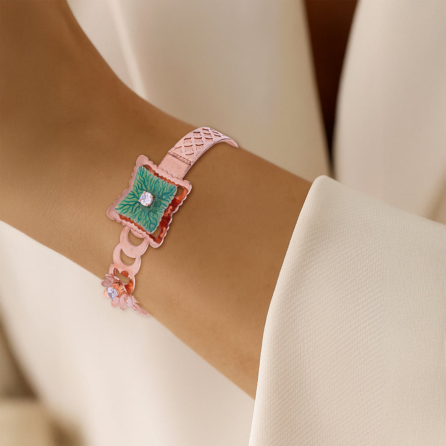 925 Sterling Silver Rosegold Verdant Square Blossom Kada For Women